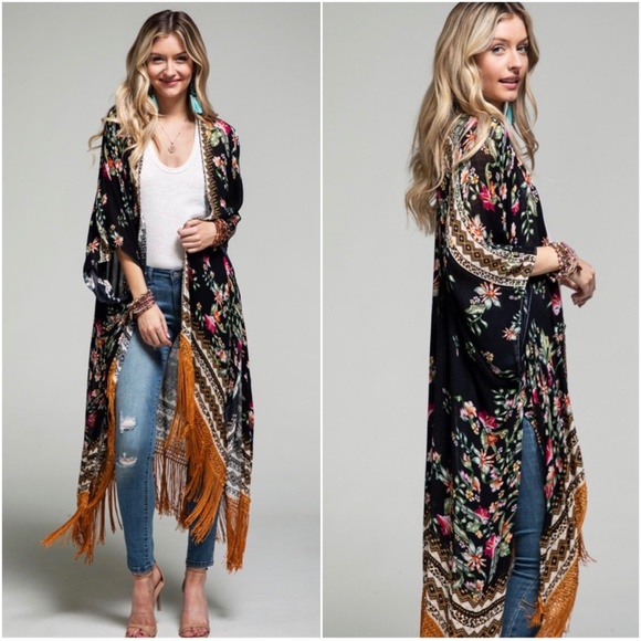 022 Boho Floral Geo Print Tassel Open Front Kimono Cover up - Picture 3 of 5
